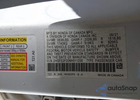 2022 Honda Civic Lx из США, поврежденный, VIN 2HGFE2F20NH511258